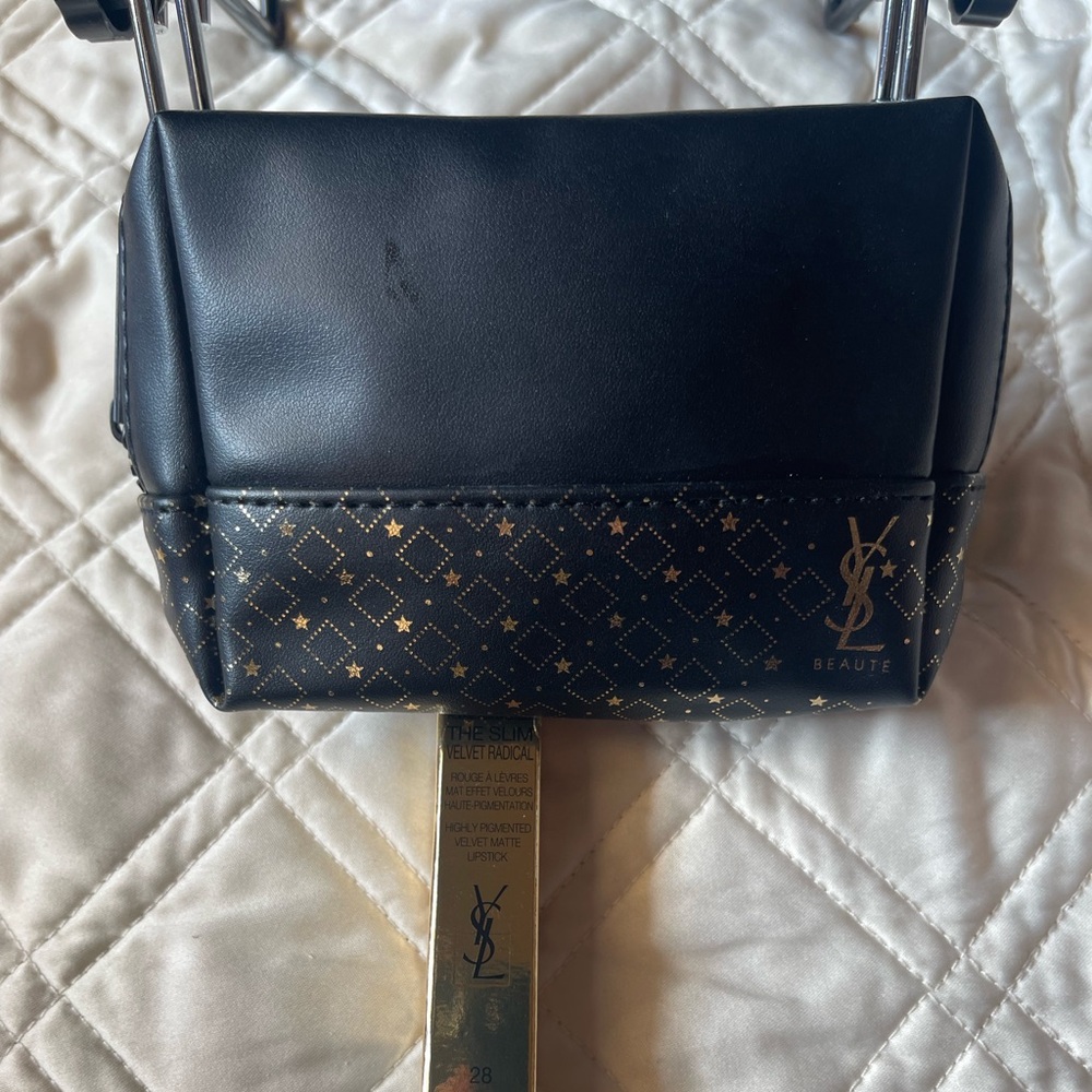 YSL Black and Gold Cosmetic Bag with Full Size Lipstick